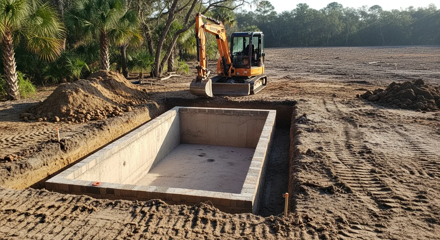 Excavation equipment clearing land and moving dirt for site preparation