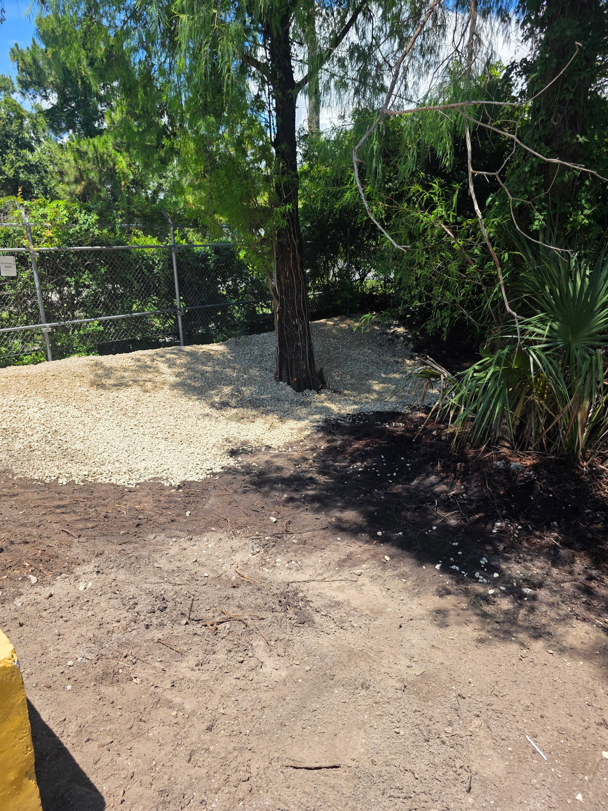 Graded driveway with crushed stone base, chain-link gate, mature trees, and cleared vegetation
