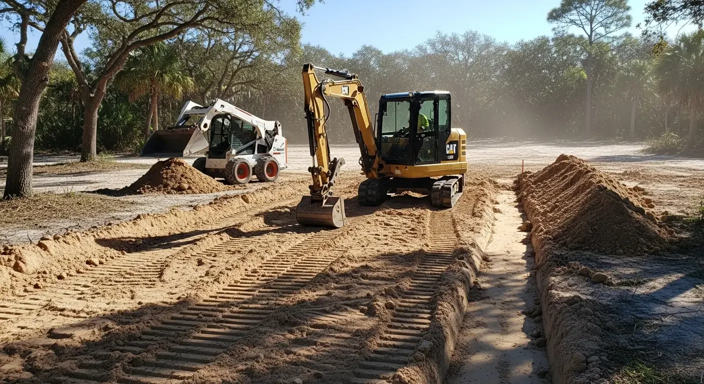 CAT excavator and skid steer loader grading sandy soil with trenches and fill piles on cleared property