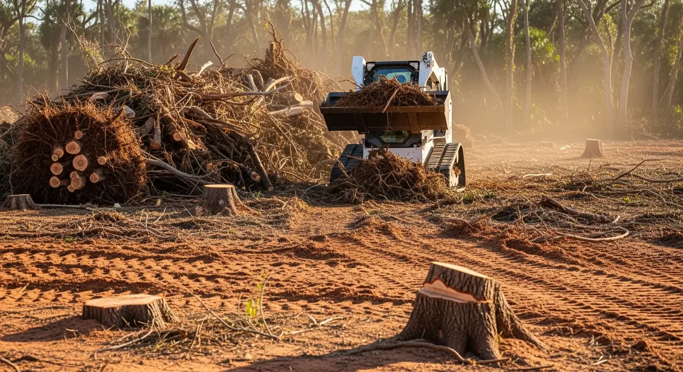 Skid steer loader processing tree debris and logs during land clearing operation