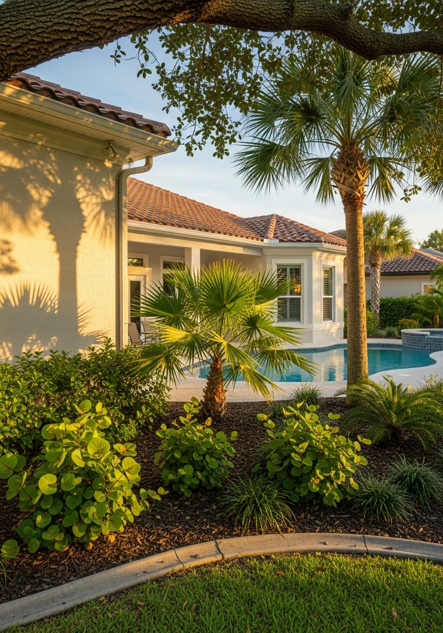Charlotte County home with mature landscaping and clear sky, showing typical Gulf Coast residential architecture.