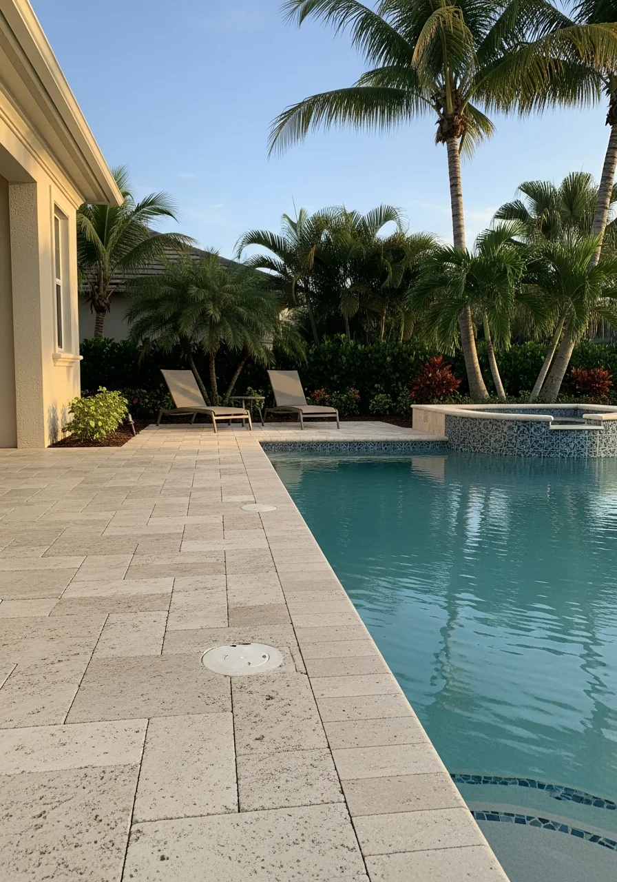Elegant residential entrance in a Collier County gated community with decorative stonework and mature palms.