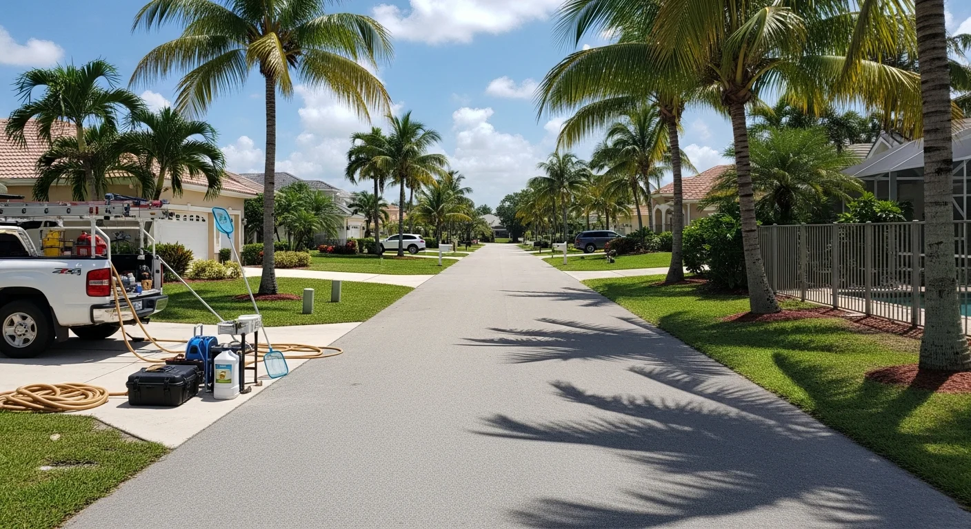 Residential street in Fort Myers with palm trees and single-family homes under clear Florida sky.