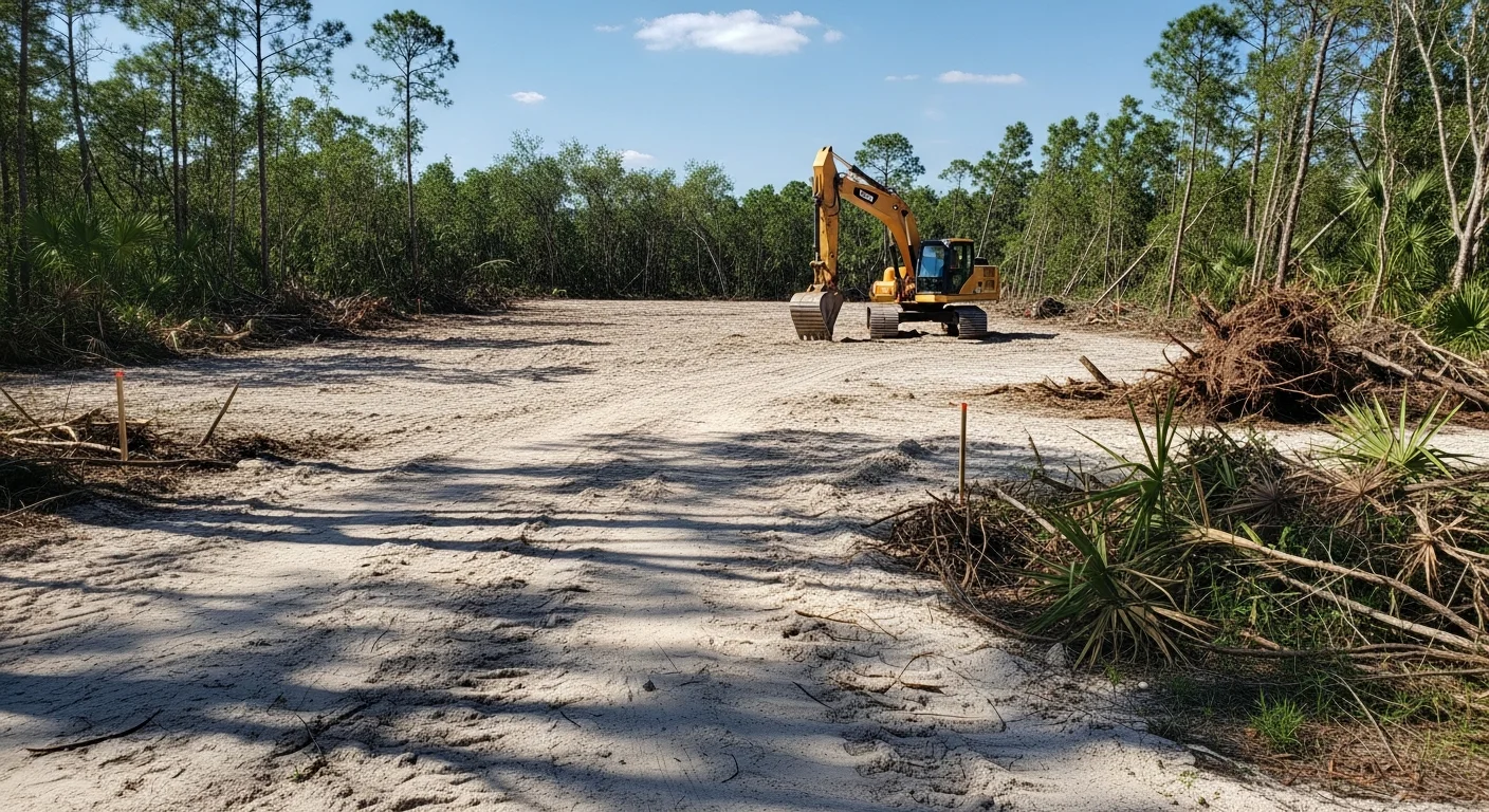 A cleared residential lot in Lee County, Florida showing bare sandy soil with stumps ground down and all brush and invasive vegetation removed. Heavy equipment is staged at the edge of the cleared area with a flat, construction-ready pad visible.