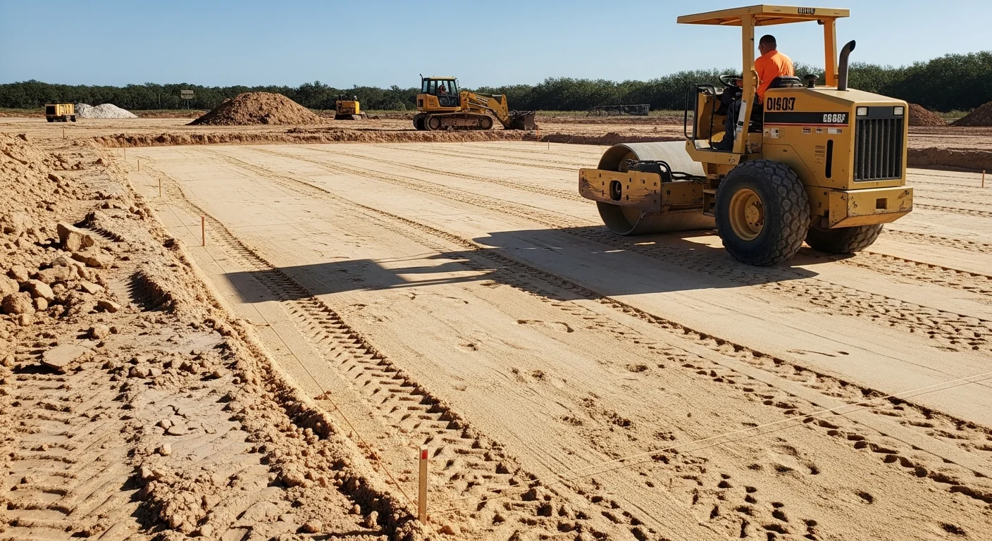 A tracked excavator grading and leveling a cleared residential lot in Lee County, Florida, with sandy soil visible and a flat subgrade prepared for foundation work. The surrounding area shows typical Southwest Florida flatland terrain under a clear sky.
