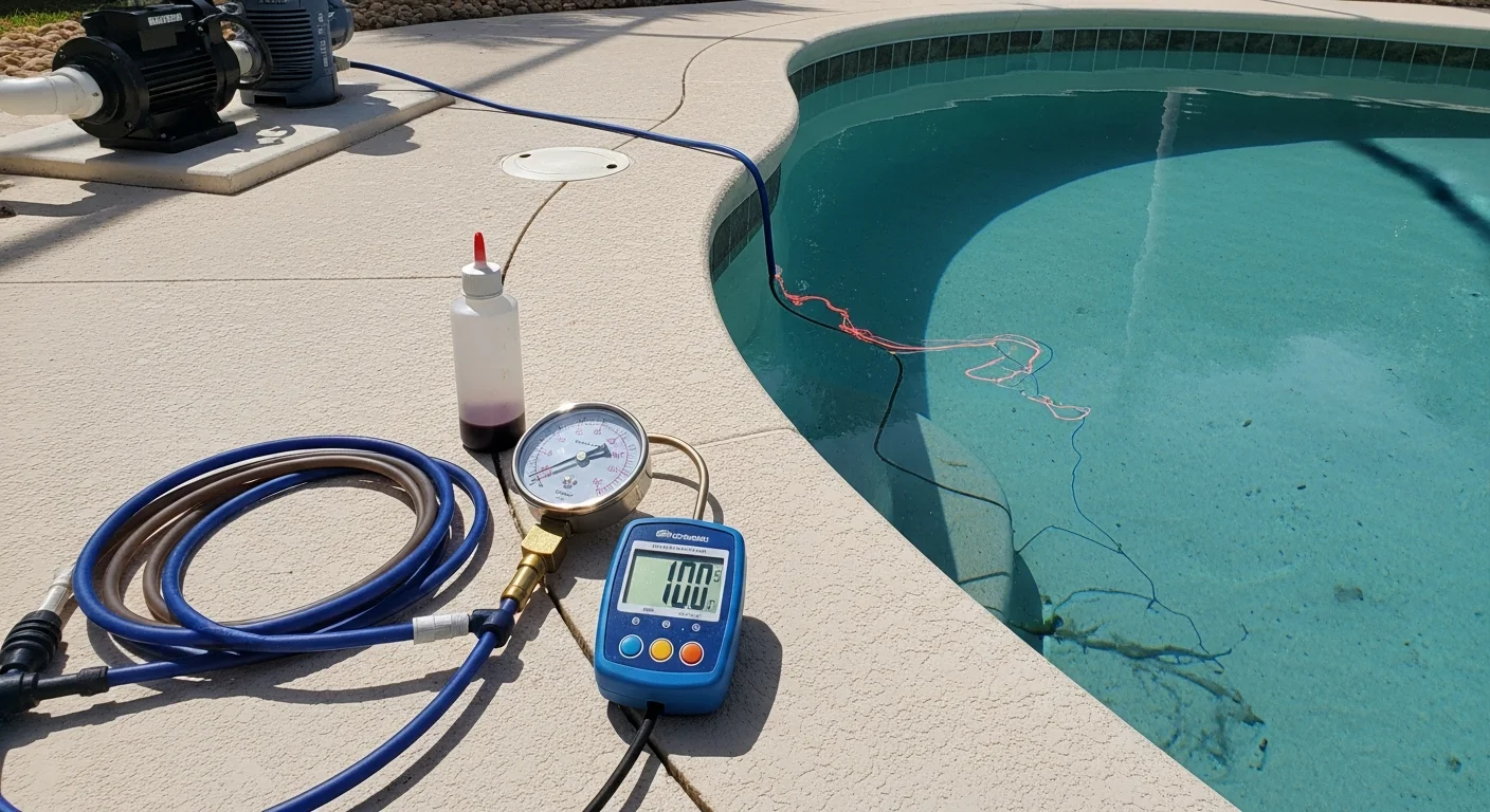 A pool repair technician performing dye testing along the shell of a residential in-ground pool in Lee County, Florida. The pool deck and surrounding yard are visible, with the technician kneeling at the waterline to identify the leak source.